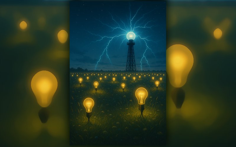 Figura 1. Concepto histórico de la Torre Wardenclyffe de Nikola Tesla, símbolo de la transmisión inalámbrica de energía. Una inspiración temprana para los modelos modernos de energía compartida y autogeneración remota. Imagen creada con IA.